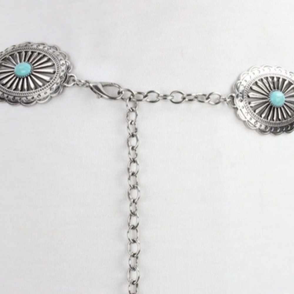 American Bison Western Chain Belt,oval silver tone conchos,faux turquoise stones - Picture 11 of 11